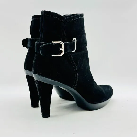 Stuart Weitzman Boots Womens 6 Black Suede Ankle Bootie Heeled Buckle Shoes