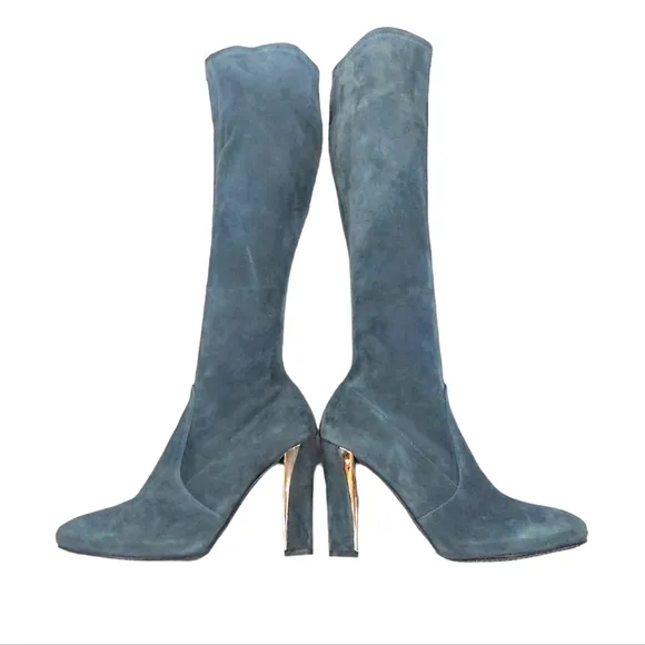 Stuart Weitzman Gray Suede Gold Tone Heeled Boots