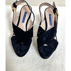 Stuart Weitzman Jerry Black Suede CrisscrossPlatform Heel Sandals