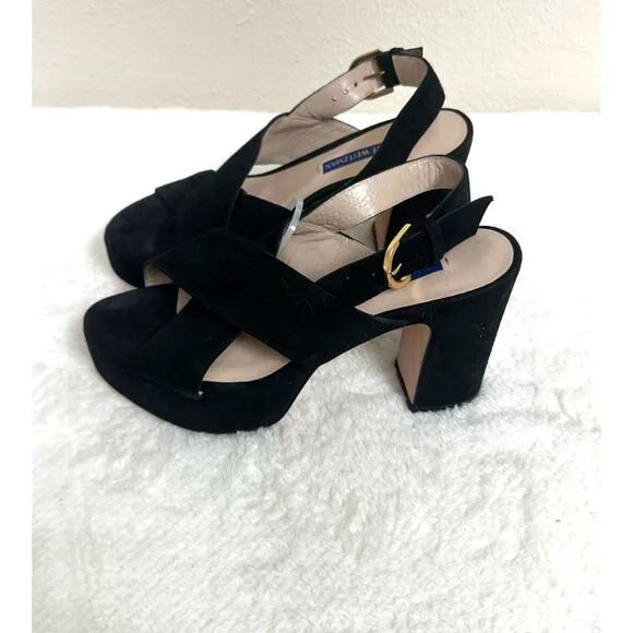 Stuart Weitzman Jerry Black Suede CrisscrossPlatform Heel Sandals