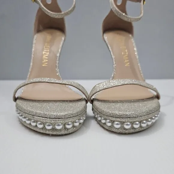 Stuart Weitzman Nudistdisco Pearl Sandal Platform Stiletto Heel Size 10 Platino