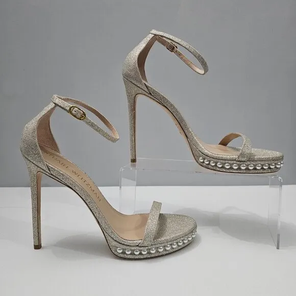 Stuart Weitzman Nudistdisco Pearl Sandal Platform Stiletto Heel Size 10 Platino