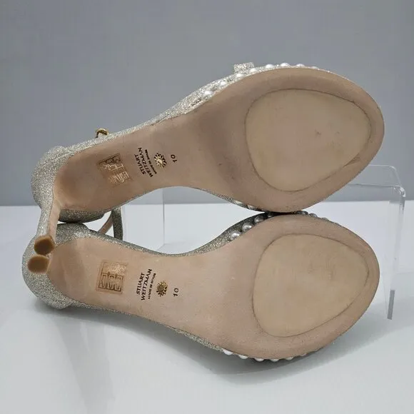 Stuart Weitzman Nudistdisco Pearl Sandal Platform Stiletto Heel Size 10 Platino