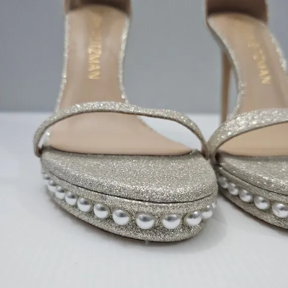 Stuart Weitzman Nudistdisco Pearl Sandal Platform Stiletto Heel Size 10 Platino