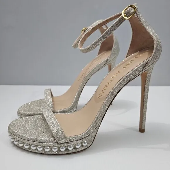 Stuart Weitzman Nudistdisco Pearl Sandal Platform Stiletto Heel Size 10 Platino