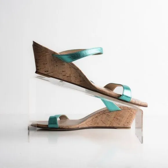 Stuart Weitzman Womens Aleena Wedge Sandals Capri Metallic Blue US 10 EU 41 New