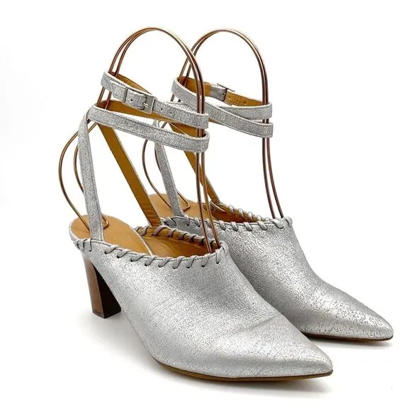Sundance Jacinda Shoes Metallic Silver Ankle Wrap Heels Women’s Size 36 | US 6