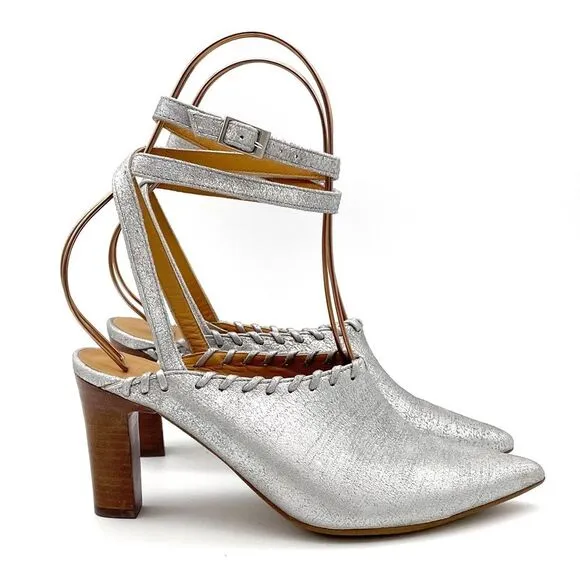 Sundance Jacinda Shoes Metallic Silver Ankle Wrap Heels Women’s Size 36 | US 6
