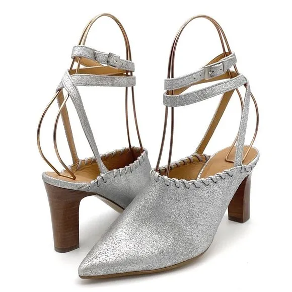 Sundance Jacinda Shoes Metallic Silver Ankle Wrap Heels Women’s Size 36 | US 6