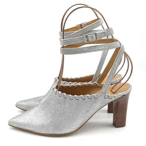Sundance Jacinda Shoes Metallic Silver Ankle Wrap Heels Women’s Size 36 | US 6