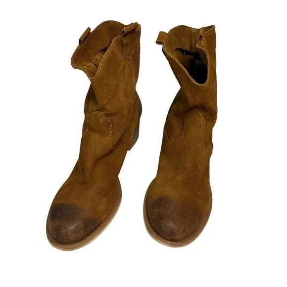 Sundance LEANN Cognac Brown Distressed Suede Leather Western Ankle Boots EUC 41