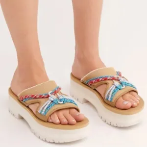 TEVA Indio Carabiner Slide Rope Festival Platform Sandals Tan NEW Size 8 Geta