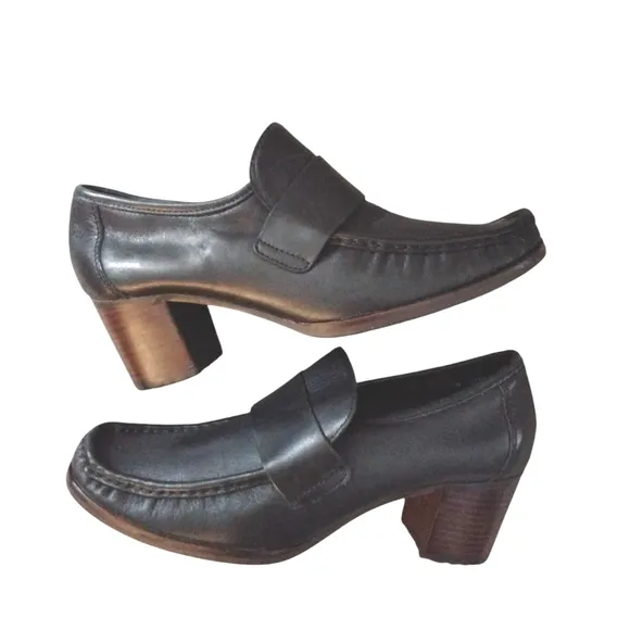 Timberland Black Leather Heeled Loafers Block Heel Shoes Size 7