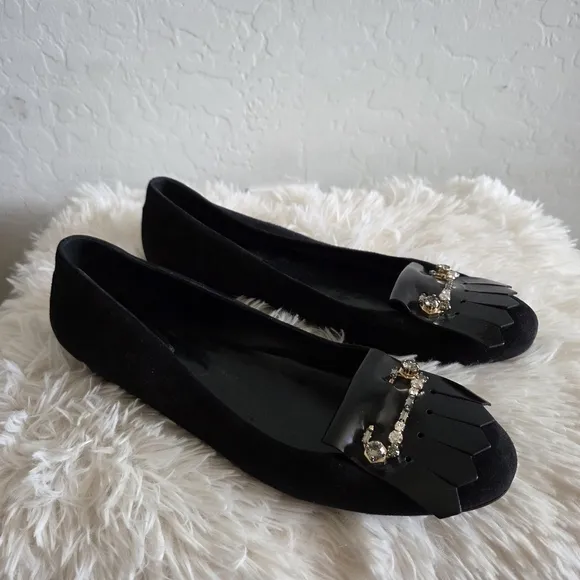 TOD'S Pleated Rhinestine Jeweled Black Suede Slip On Ballet Flats Shoes Size 41
