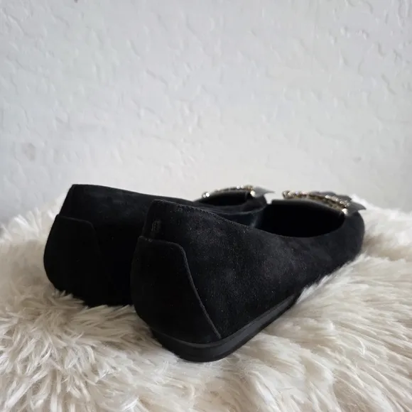 TOD'S Pleated Rhinestine Jeweled Black Suede Slip On Ballet Flats Shoes Size 41