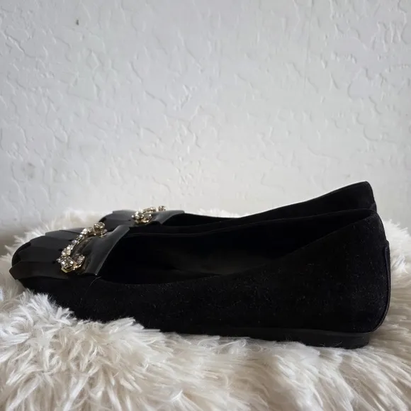TOD'S Pleated Rhinestine Jeweled Black Suede Slip On Ballet Flats Shoes Size 41