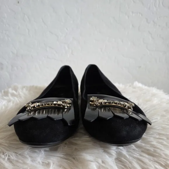 TOD'S Pleated Rhinestine Jeweled Black Suede Slip On Ballet Flats Shoes Size 41