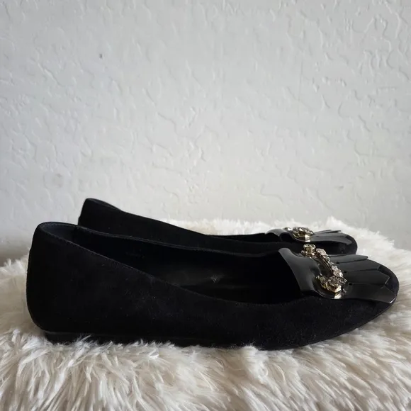 TOD'S Pleated Rhinestine Jeweled Black Suede Slip On Ballet Flats Shoes Size 41