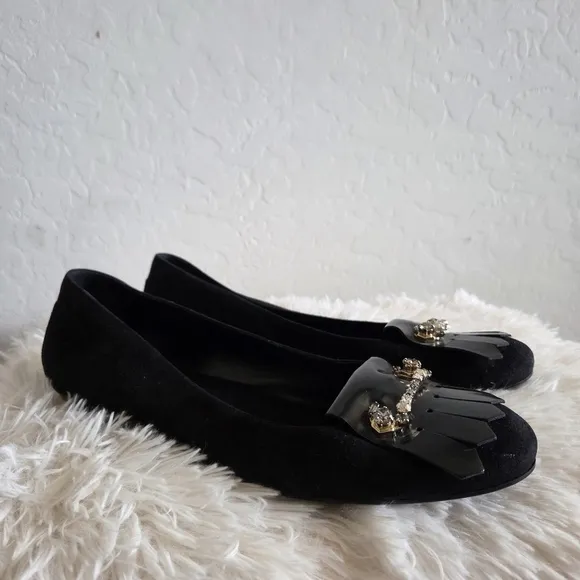 TOD'S Pleated Rhinestine Jeweled Black Suede Slip On Ballet Flats Shoes Size 41