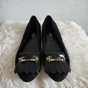 TOD'S Pleated Rhinestine Jeweled Black Suede Slip On Ballet Flats Shoes Size 41