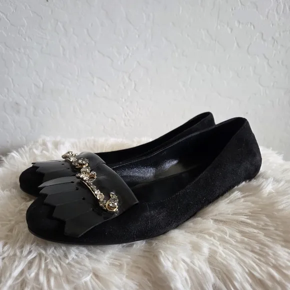 TOD'S Pleated Rhinestine Jeweled Black Suede Slip On Ballet Flats Shoes Size 41