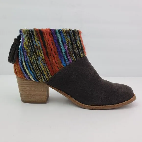 Toms Leila Womens Size 7.5 Brown Suede Yarn 2.5&quot; Heel Ankle Botties Shoes 740706