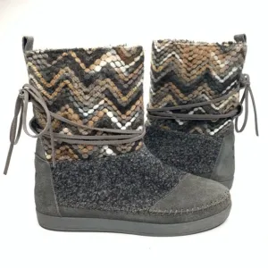 Tom’s Nepal Boho Suede Textile Yarn Chevron Zig Zag Faux Fur Lined Ankle Boots