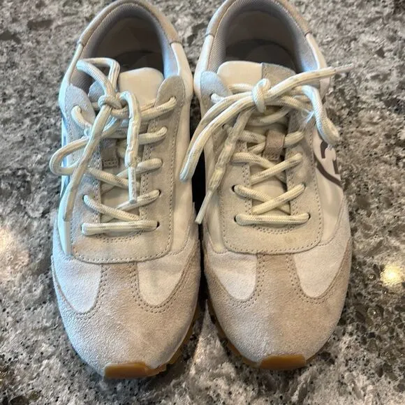 Tory Burch Annie Nylon runner sneaker ivory/suede tan w/box Sz 6.5 79262 EUC