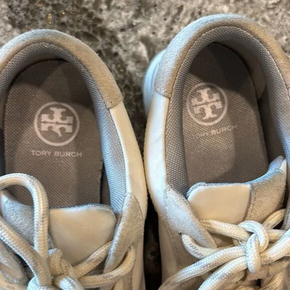 Tory Burch Annie Nylon runner sneaker ivory/suede tan w/box Sz 6.5 79262 EUC