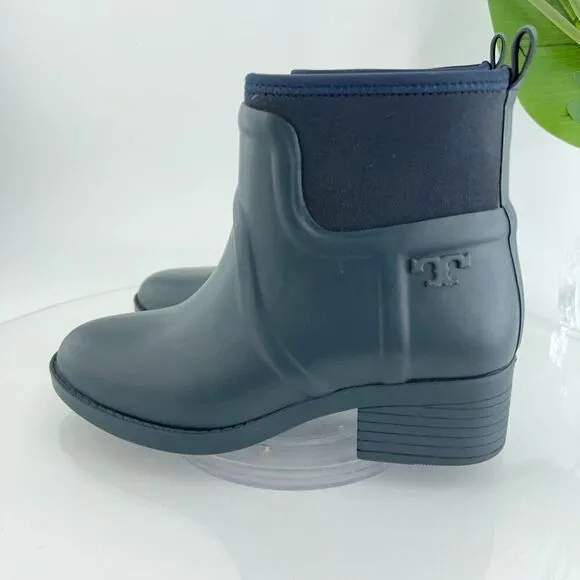 Tory Burch April Boots Women's Size 6 Navy Blue Rubber Rain Chelsea Booties