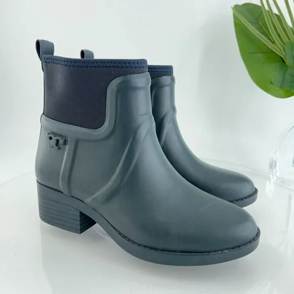 Tory Burch April Boots Women's Size 6 Navy Blue Rubber Rain Chelsea Booties