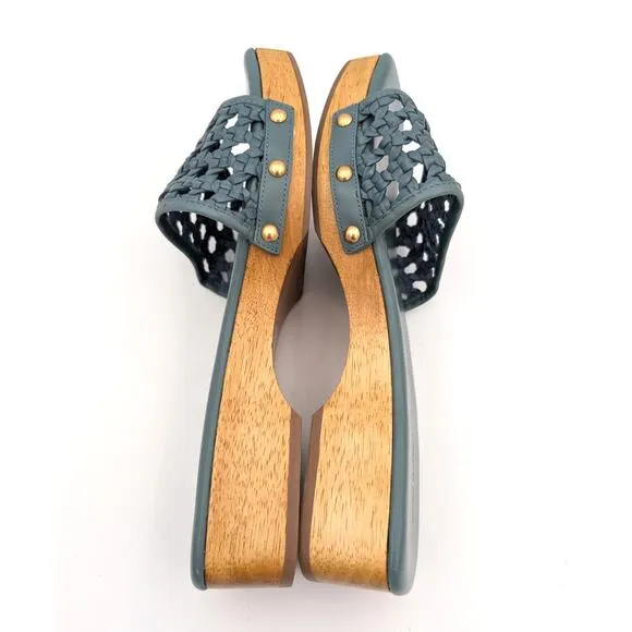 Tory Burch Basketweave Leather Clog Sandals Open Toe Blue Size US9.5M EU40