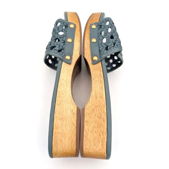 Tory Burch Basketweave Leather Clog Sandals Open Toe Blue Size US9.5M EU40