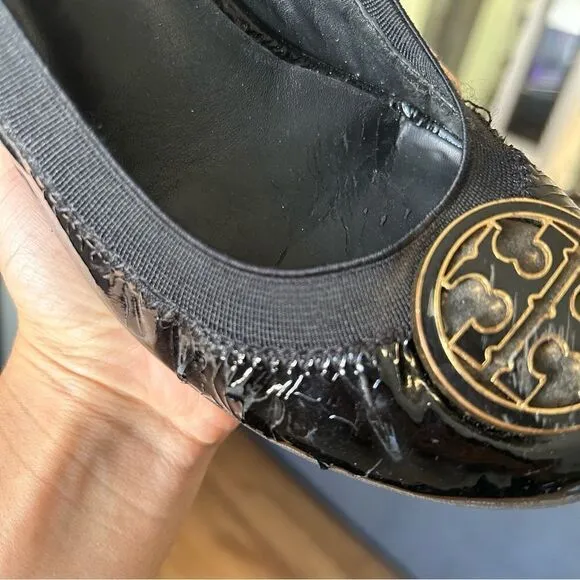 Tory Burch black gold wedge heeled pumps shoes women’s 7