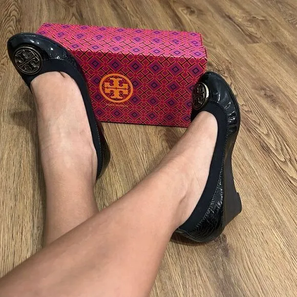 Tory Burch black gold wedge heeled pumps shoes women’s 7