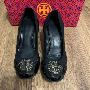 Tory Burch black gold wedge heeled pumps shoes women’s 7