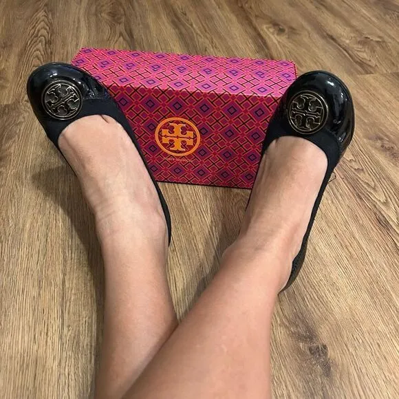 Tory Burch black gold wedge heeled pumps shoes women’s 7