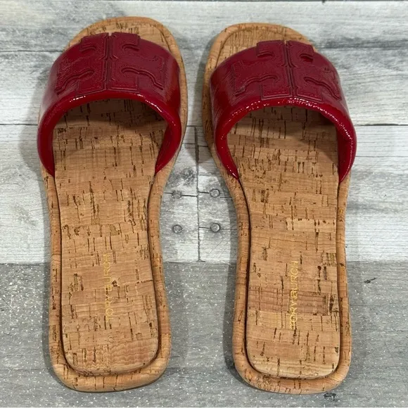 TORY BURCH Double T Sport Slide Cork Sandals in Red - Size - 6.5