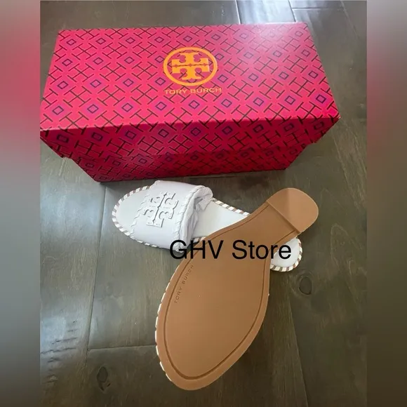 Tory Burch Everly Calf Leather Signature Logo Slide