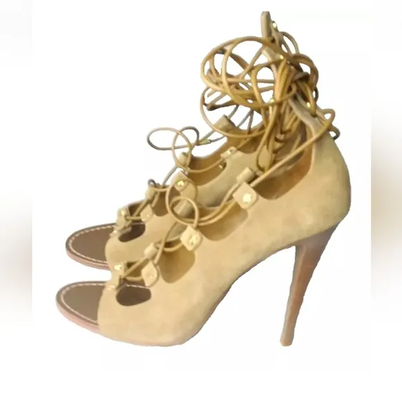Tory Burch Jakey Gladiator Heels Tan Suede Caged Shoes Size 10.5 M