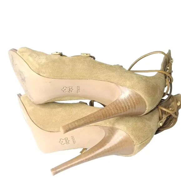 Tory Burch Jakey Gladiator Heels Tan Suede Caged Shoes Size 10.5 M