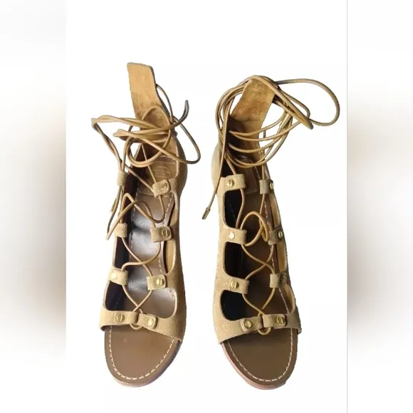 Tory Burch Jakey Gladiator Heels Tan Suede Caged Shoes Size 10.5 M