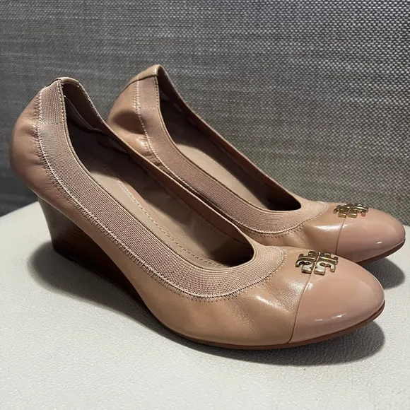 Tory Burch Jolie Tan Leather Slip Ons Wedge Shoes Women’s Size 7.5