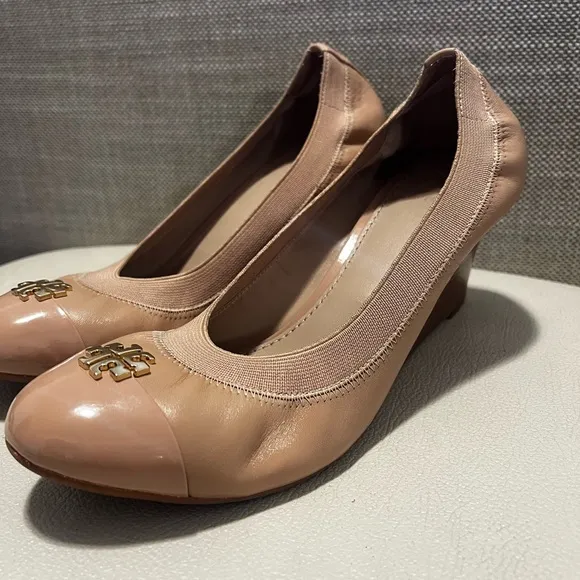 Tory Burch Jolie Tan Leather Slip Ons Wedge Shoes Women’s Size 7.5