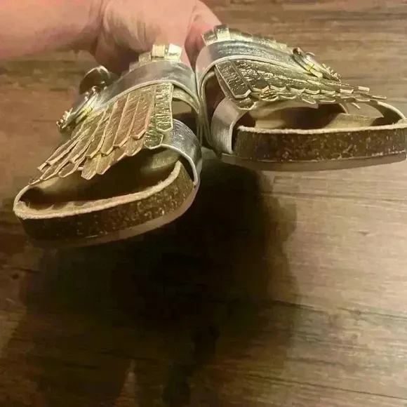 Tory Burch Multi Logo Kiltie Sandals Metallic Gold and Silver Leather