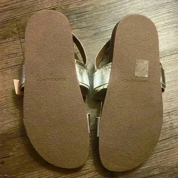 Tory Burch Multi Logo Kiltie Sandals Metallic Gold and Silver Leather