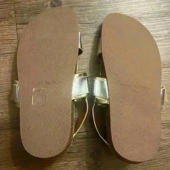 Tory Burch Multi Logo Kiltie Sandals Metallic Gold and Silver Leather