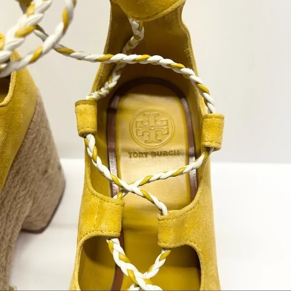 Tory Burch Positano Suede Lace-Up Sandals Heels Yellow