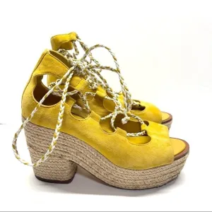 Tory Burch Positano Suede Lace-Up Sandals Heels Yellow