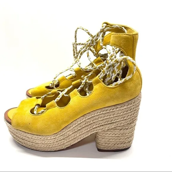 Tory Burch Positano Suede Lace-Up Sandals Heels Yellow